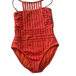 Kenneth Cole Orange Halter Mesh One Piece Swim Suit Womens Size Large NWT